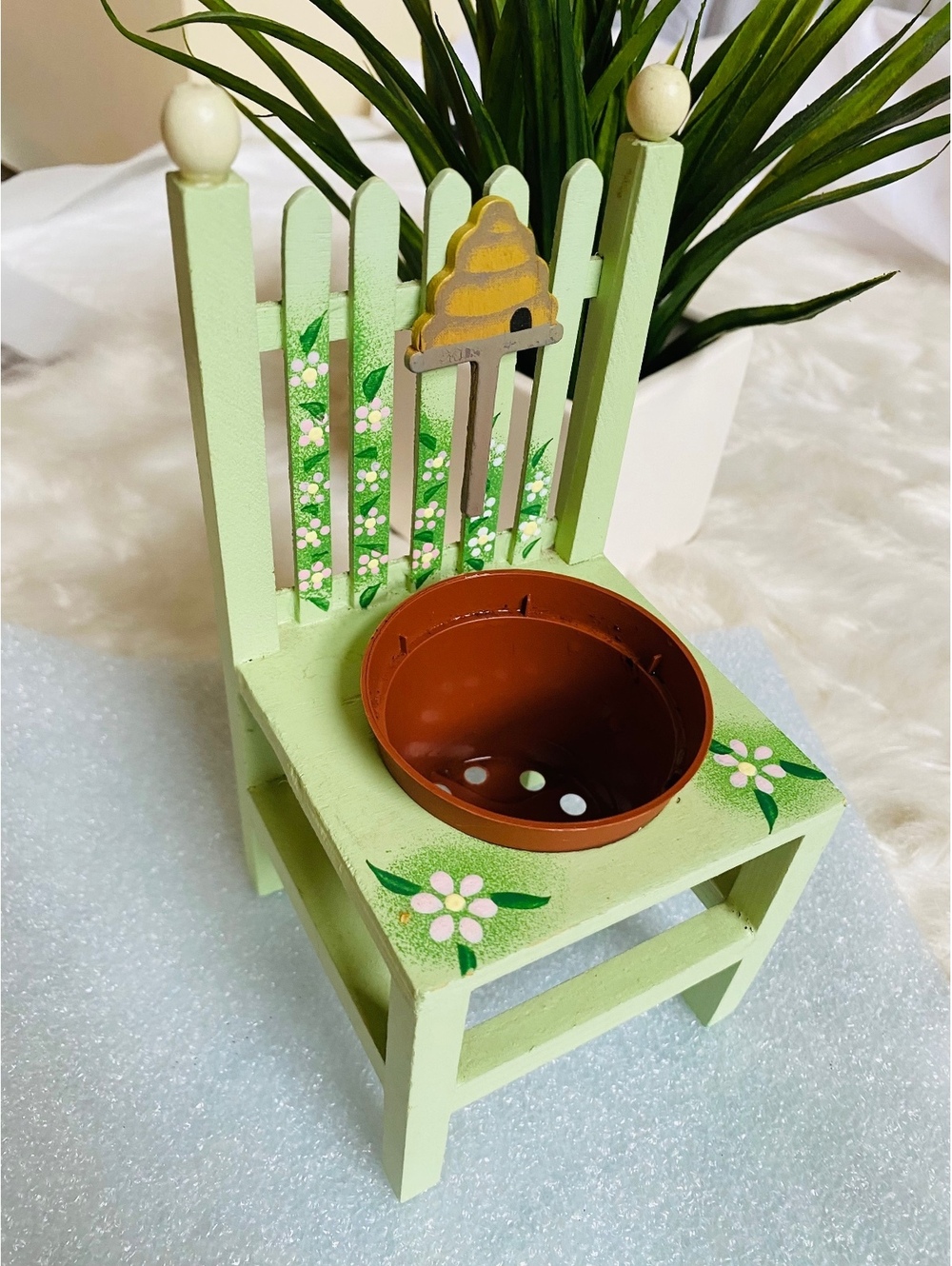 Hand Painted Wooden Chair Planter Green Floral Design